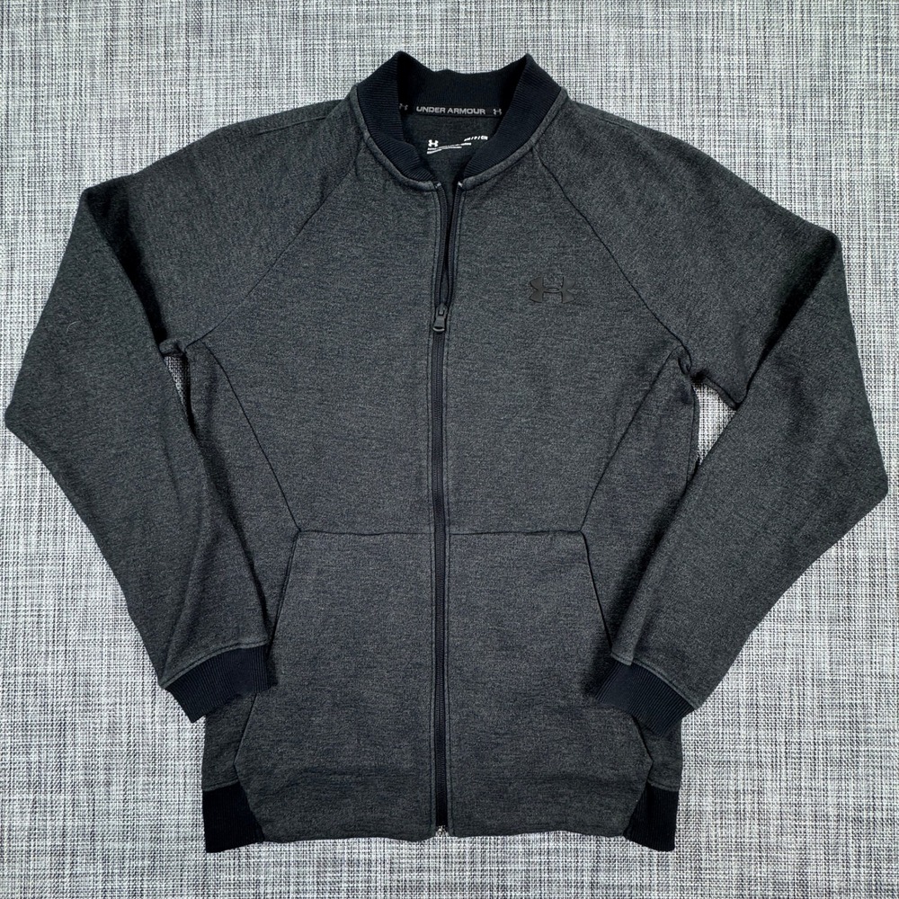 Under Armour Men's Fitted Bomber Jacket Small Gray Full Zip Ribbed Cotton Blend